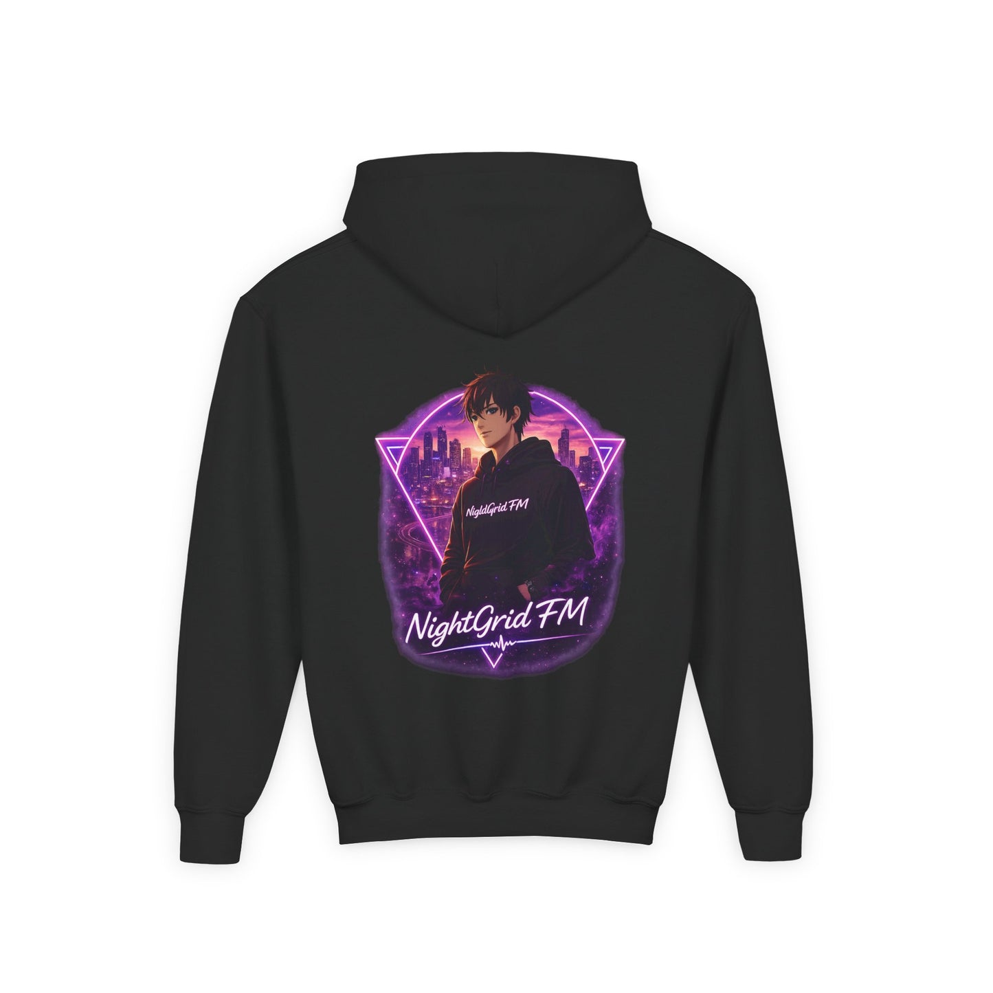 NightGrid FM Kids Neon Utopia Hoodie – Youth Anime Streetwear Graphic Hoodie