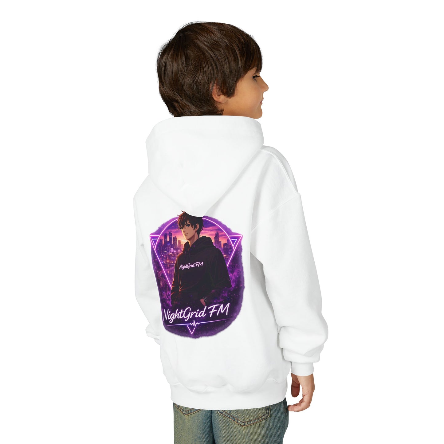 NightGrid FM Kids Neon Utopia Hoodie – Youth Anime Streetwear Graphic Hoodie