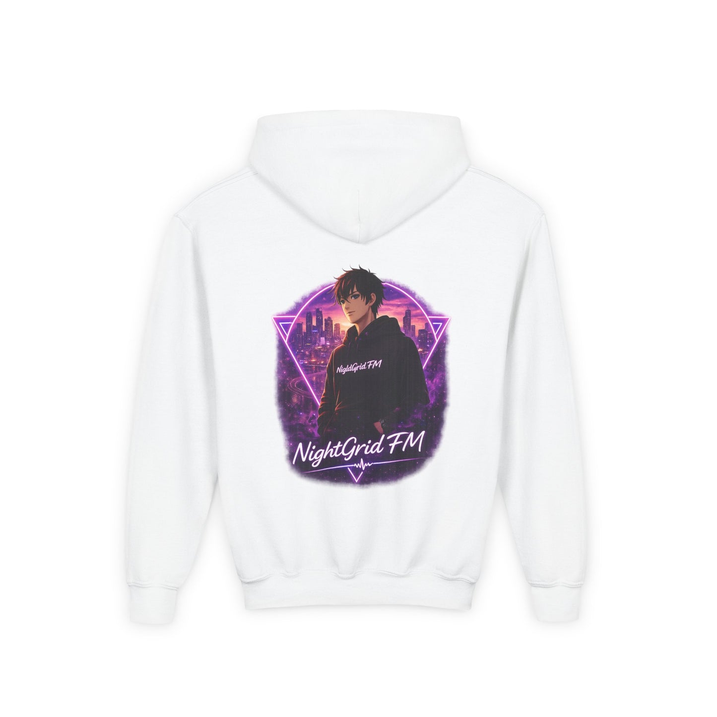 NightGrid FM Kids Neon Utopia Hoodie – Youth Anime Streetwear Graphic Hoodie