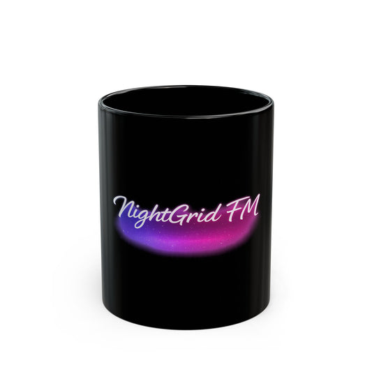 NightGrid FM Neon Black Mug – Cyberpunk Coffee Cup