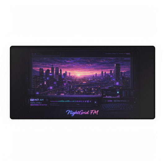 NightGrid FM Desk Mat — Midnight Control Panel Cyberpunk Mousepad