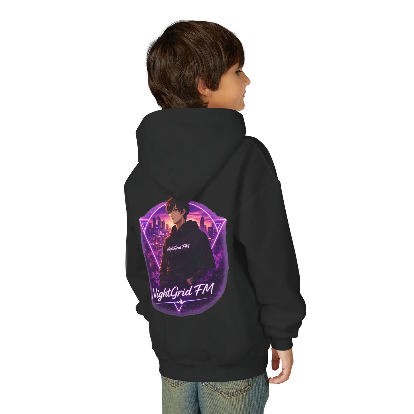 NightGrid FM Kids Neon Utopia Hoodie – Youth Anime Streetwear Graphic Hoodie